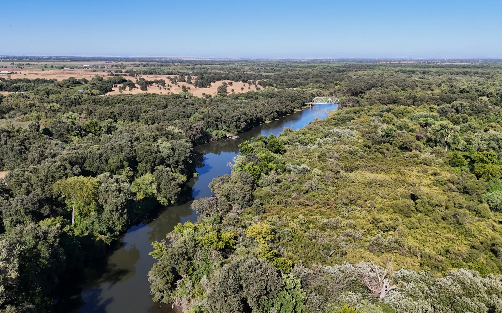 Aerial view of Cosumnes River and surrounding agricultural and natural landscape